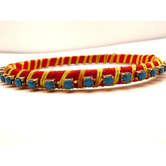VTG Handmade Wrapped Bangle Bracelet Red Yellow Thread Blue Rhinestone Accents - Picture 3 of 6